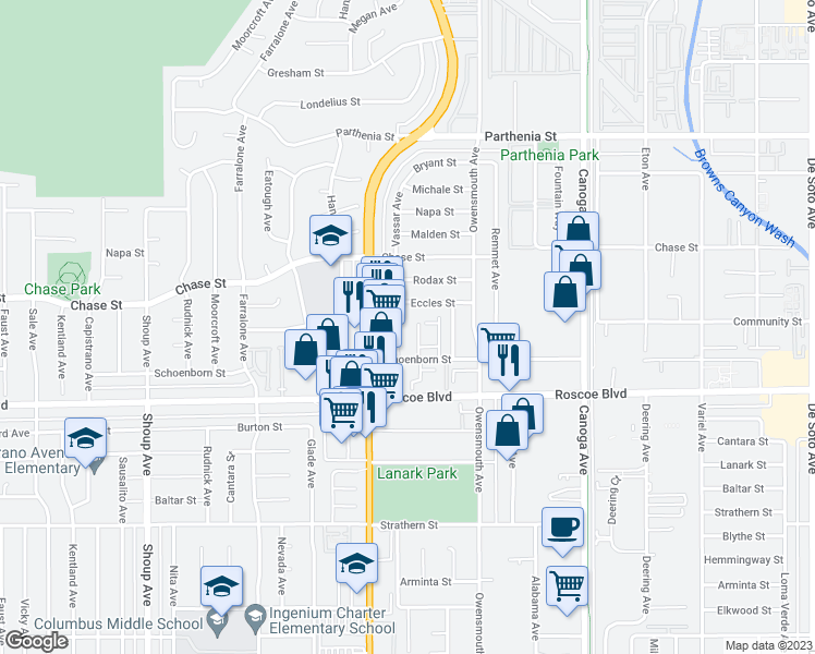 map of restaurants, bars, coffee shops, grocery stores, and more near 8371 Northgate Avenue in Los Angeles