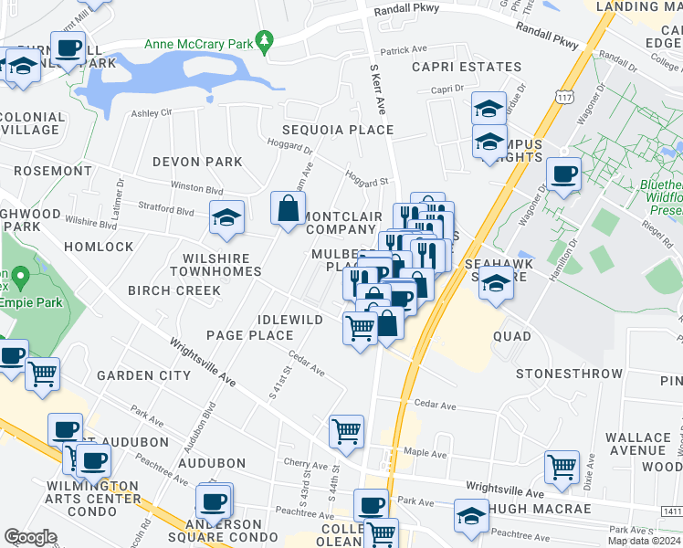 map of restaurants, bars, coffee shops, grocery stores, and more near 4106 Kenan Court in Wilmington