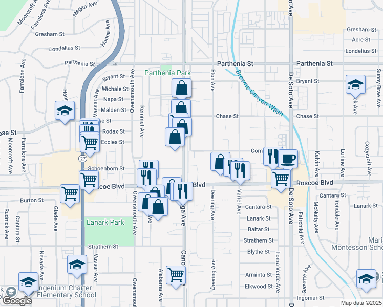 map of restaurants, bars, coffee shops, grocery stores, and more near 8369 Deering Avenue in Los Angeles