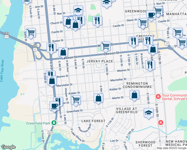 map of restaurants, bars, coffee shops, grocery stores, and more near 1103 South 8th Street in Wilmington