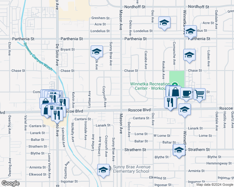 map of restaurants, bars, coffee shops, grocery stores, and more near 20511 Mandell Street in Los Angeles