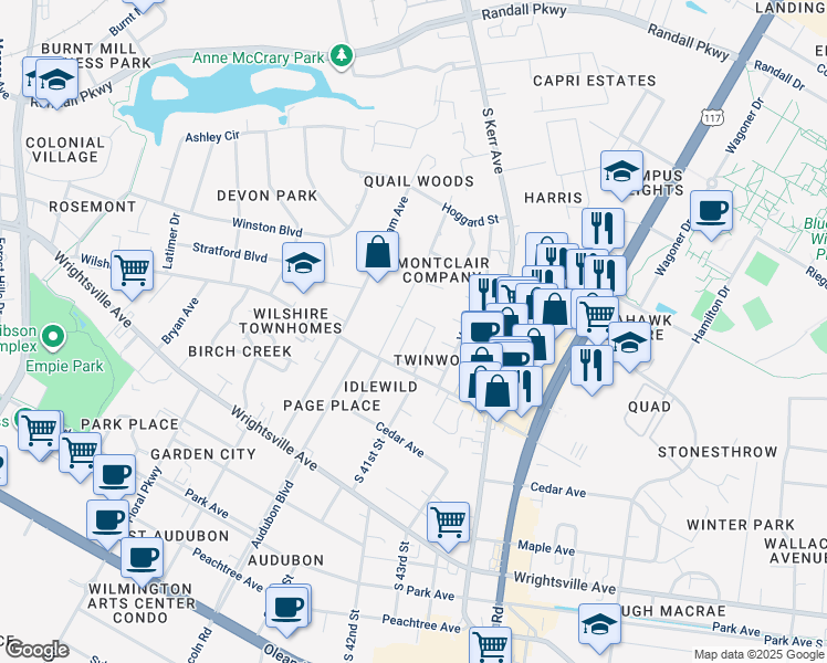 map of restaurants, bars, coffee shops, grocery stores, and more near 4009 Wilshire Boulevard in Wilmington