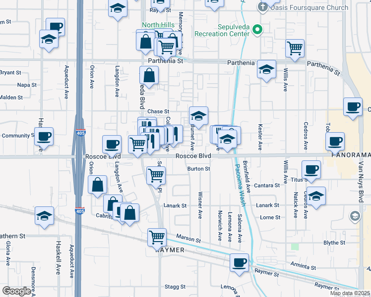 map of restaurants, bars, coffee shops, grocery stores, and more near 8321 Burnet Avenue in Los Angeles