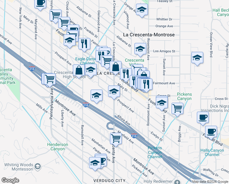 map of restaurants, bars, coffee shops, grocery stores, and more near 4110 La Crescenta Avenue in Glendale