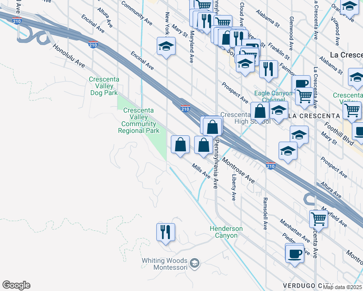 map of restaurants, bars, coffee shops, grocery stores, and more near 3340 Honolulu Avenue in Glendale