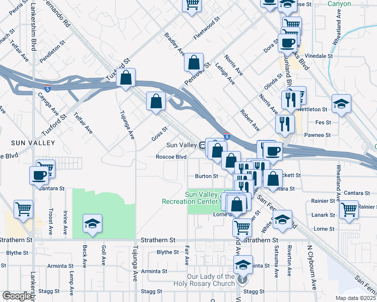 map of restaurants, bars, coffee shops, grocery stores, and more near 8391 San Fernando Road in Los Angeles