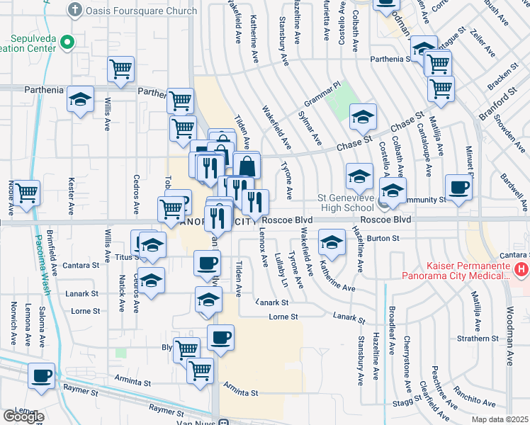 map of restaurants, bars, coffee shops, grocery stores, and more near 14355 Roscoe Boulevard in Los Angeles