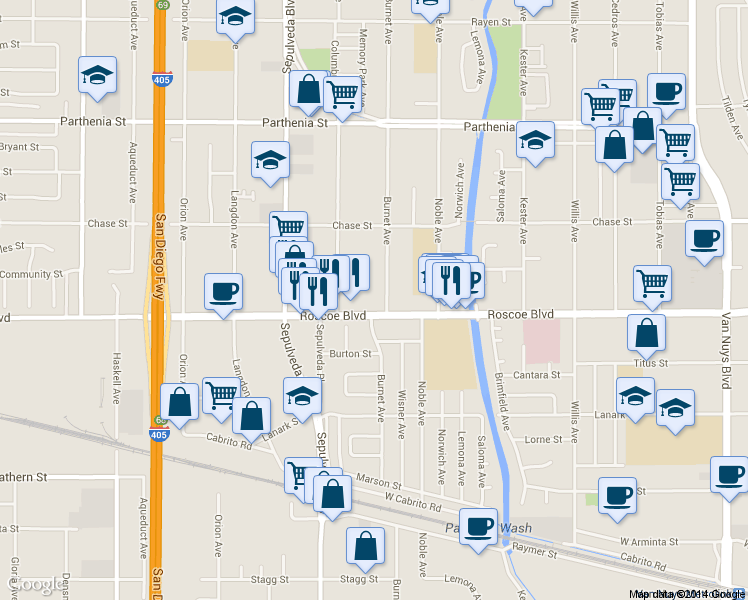 map of restaurants, bars, coffee shops, grocery stores, and more near 8327 Burnet Avenue in Los Angeles