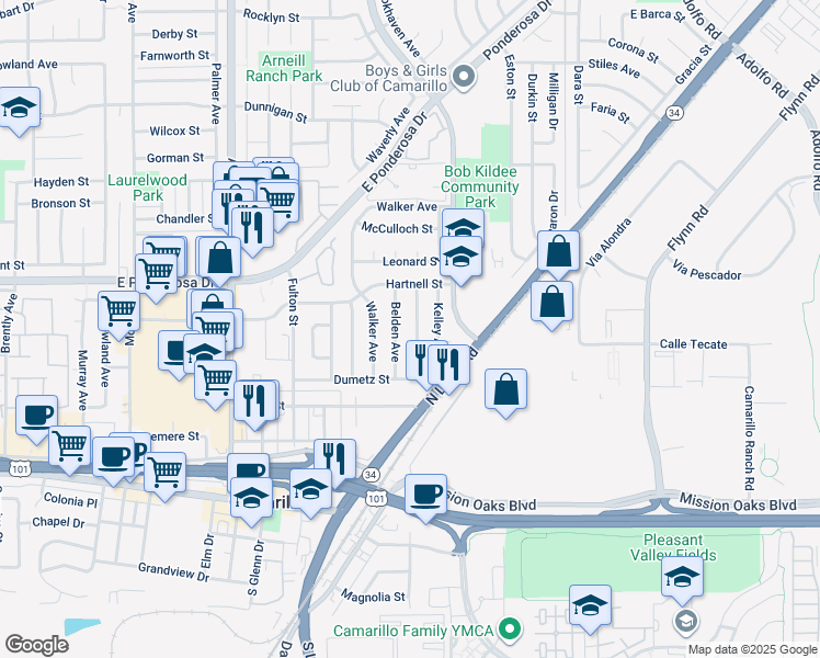 map of restaurants, bars, coffee shops, grocery stores, and more near 536 Belden Avenue in Camarillo