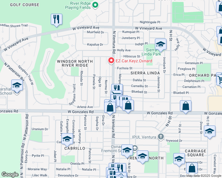 map of restaurants, bars, coffee shops, grocery stores, and more near 2056 North Ventura Road in Oxnard