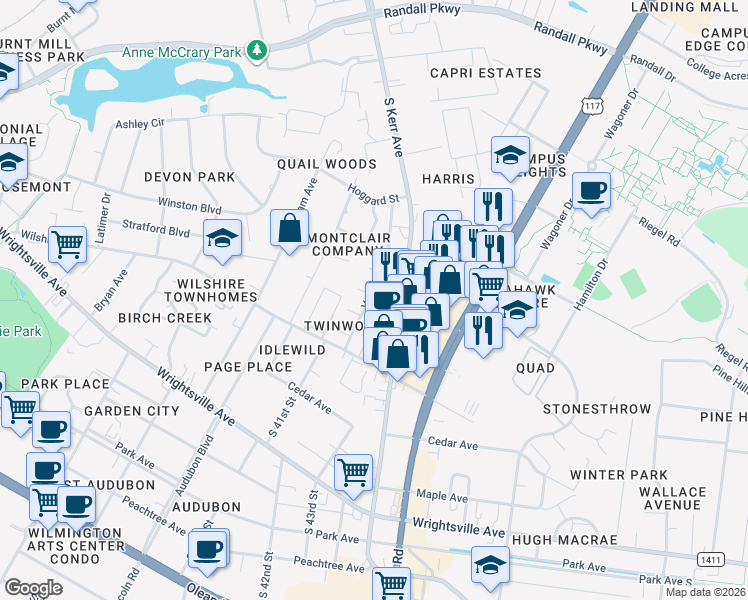 map of restaurants, bars, coffee shops, grocery stores, and more near 712 Varsity Drive in Wilmington