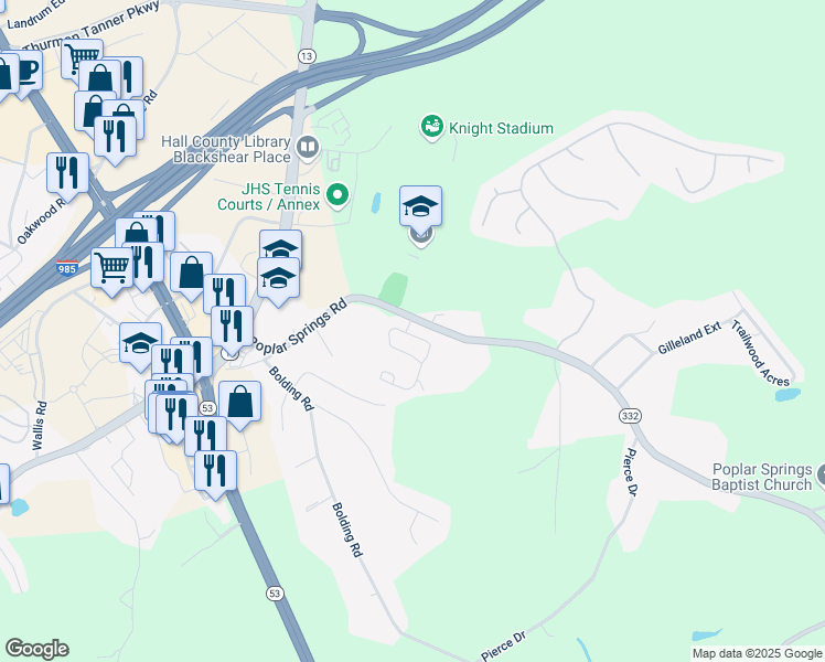 map of restaurants, bars, coffee shops, grocery stores, and more near 3520 Abbey Way in Gainesville