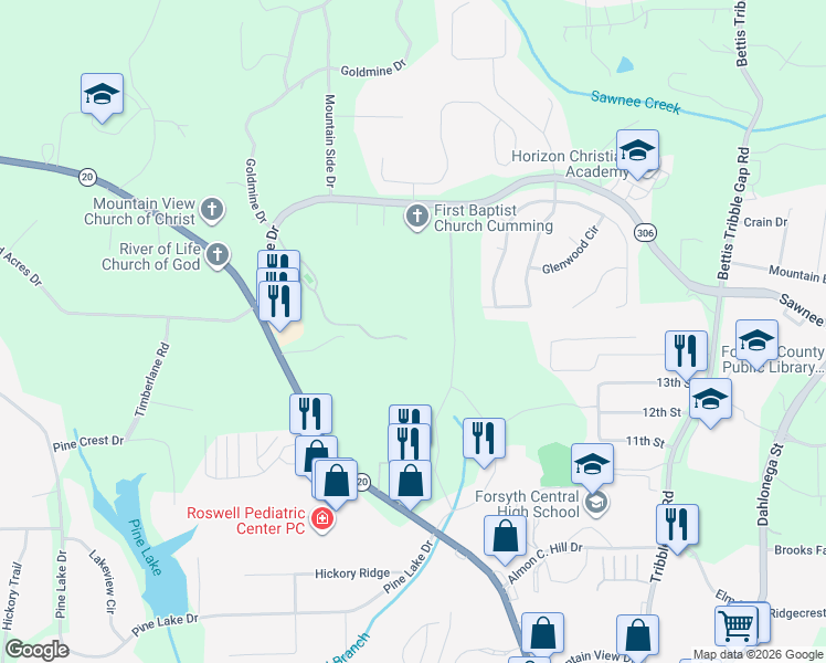 map of restaurants, bars, coffee shops, grocery stores, and more near 1303 Somerton Place in Cumming