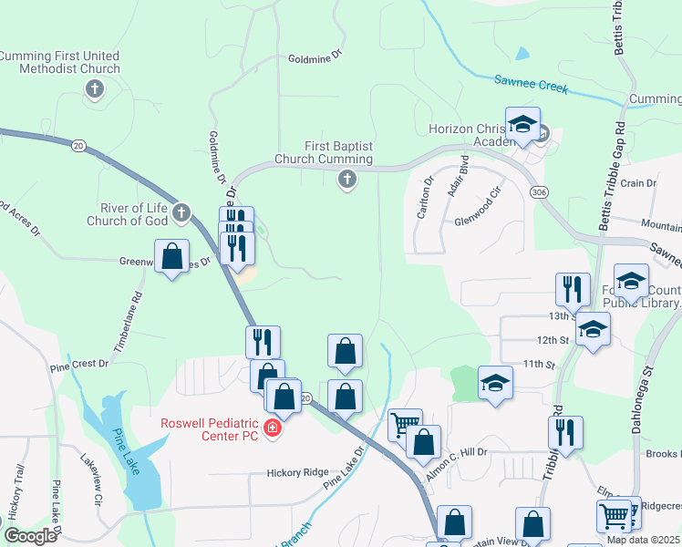 map of restaurants, bars, coffee shops, grocery stores, and more near 1303 Somerton Place in Cumming