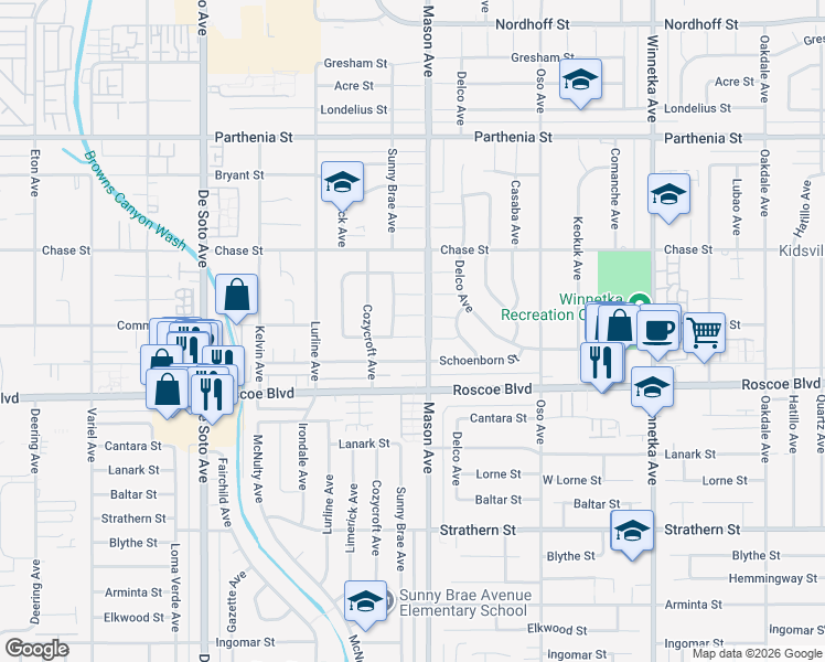 map of restaurants, bars, coffee shops, grocery stores, and more near 20511 Mandell Street in Los Angeles