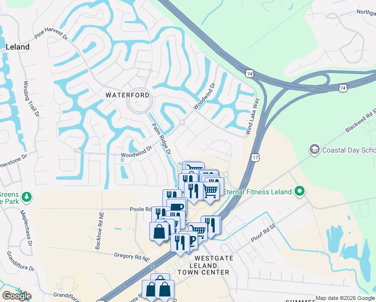 map of restaurants, bars, coffee shops, grocery stores, and more near 3004 Braewood Court in Leland