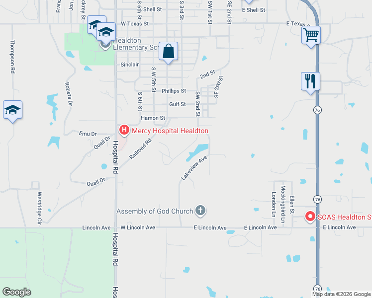 map of restaurants, bars, coffee shops, grocery stores, and more near Southwest 2nd Street in Healdton