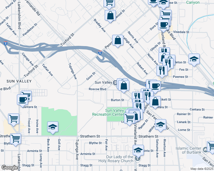 map of restaurants, bars, coffee shops, grocery stores, and more near 8391 San Fernando Rd in Sun Valley