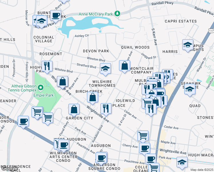 map of restaurants, bars, coffee shops, grocery stores, and more near 3814 Wilshire Boulevard in Wilmington