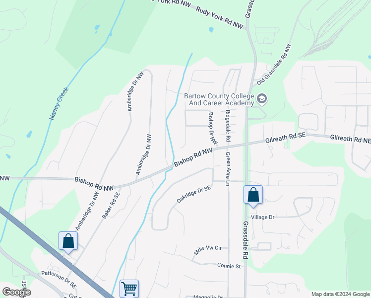 map of restaurants, bars, coffee shops, grocery stores, and more near 6 Ansley Way Northwest in Cartersville