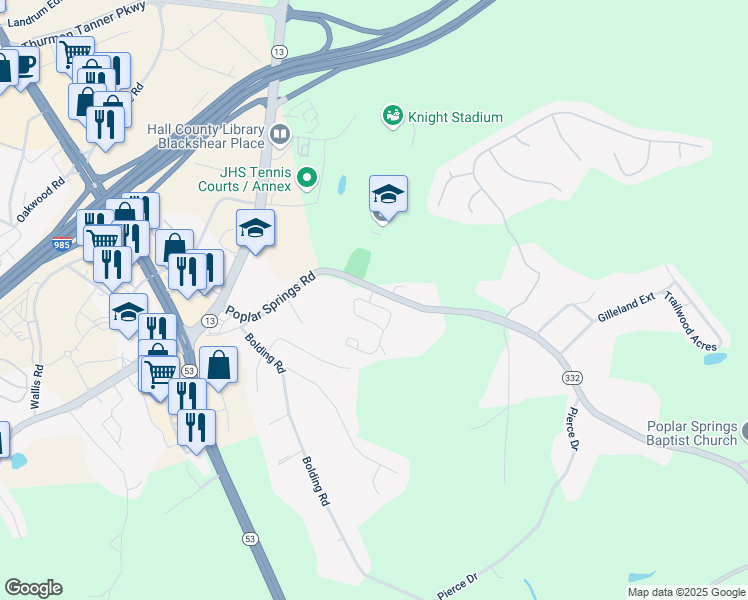 map of restaurants, bars, coffee shops, grocery stores, and more near 3520 Abbey Way in Gainesville