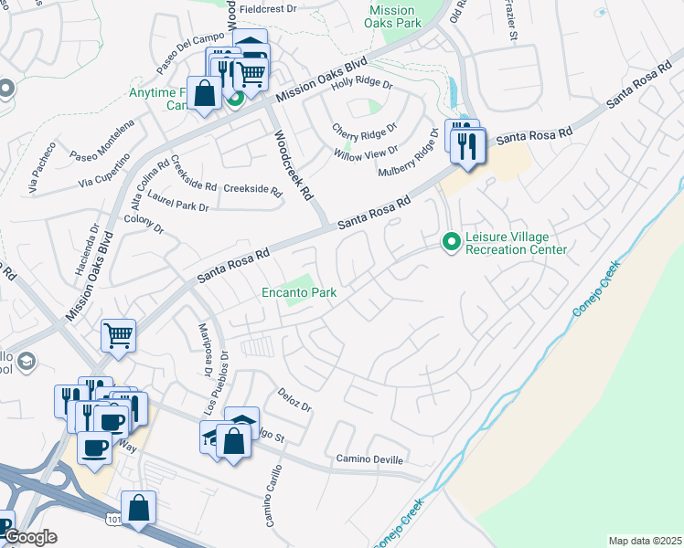 map of restaurants, bars, coffee shops, grocery stores, and more near 7313 Village 7 in Camarillo
