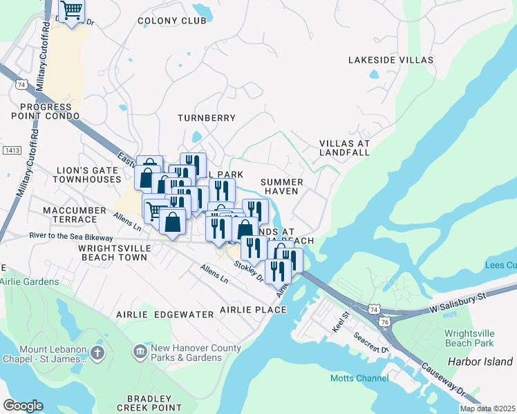 map of restaurants, bars, coffee shops, grocery stores, and more near 123 Canal Street in Wilmington