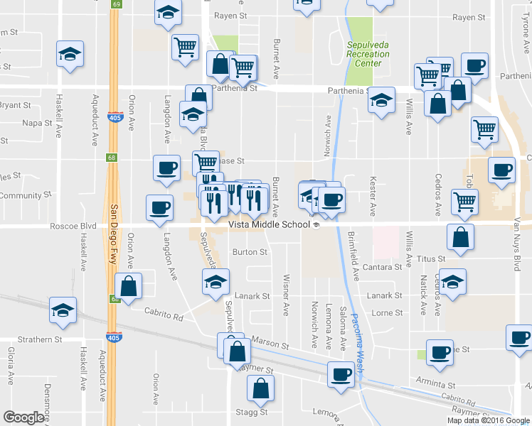 map of restaurants, bars, coffee shops, grocery stores, and more near 8321 Burnet Avenue in Los Angeles