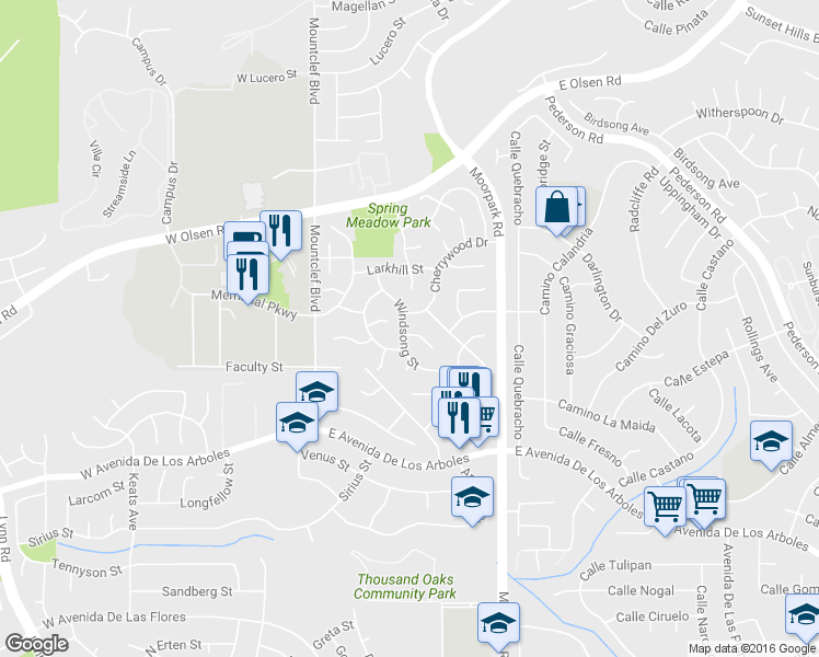 map of restaurants, bars, coffee shops, grocery stores, and more near 3128 Tanglewood Court in Thousand Oaks