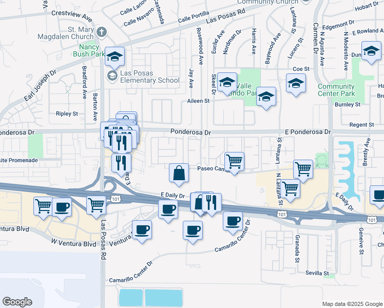 map of restaurants, bars, coffee shops, grocery stores, and more near 555 Rosewood Avenue in Camarillo