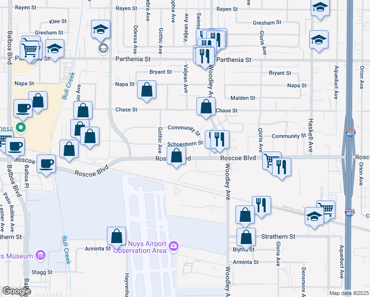 map of restaurants, bars, coffee shops, grocery stores, and more near 16317 Schoenborn Street in Los Angeles