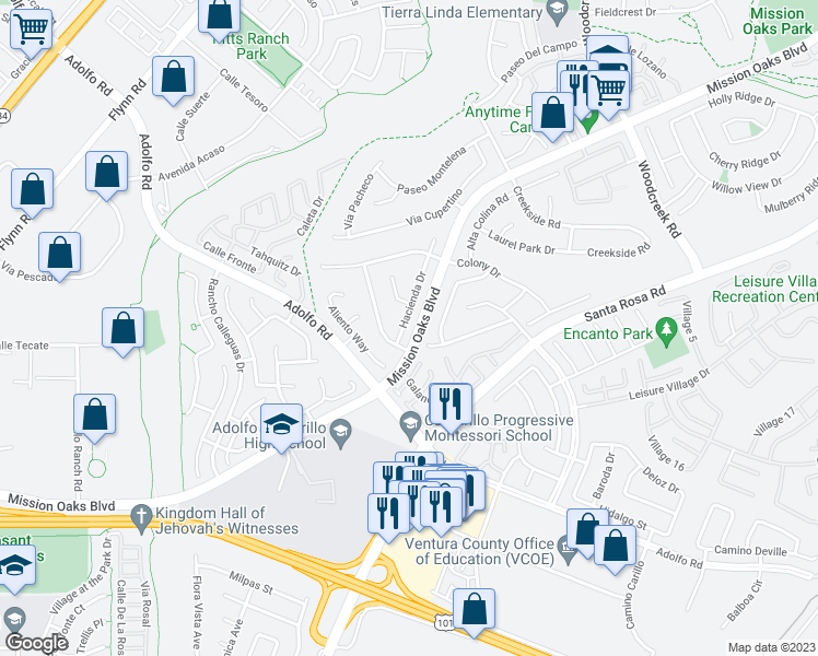 map of restaurants, bars, coffee shops, grocery stores, and more near 626 Hacienda Drive in Camarillo