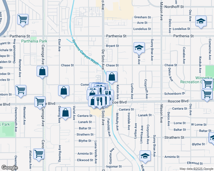 map of restaurants, bars, coffee shops, grocery stores, and more near 20840 Community Street in Los Angeles