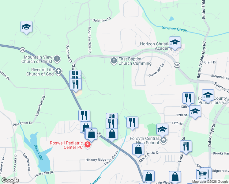 map of restaurants, bars, coffee shops, grocery stores, and more near 1303 Somerton Place in Cumming