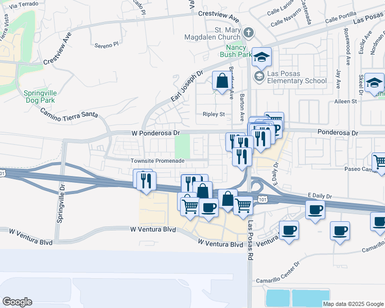 map of restaurants, bars, coffee shops, grocery stores, and more near 559 Mustang Street in Camarillo
