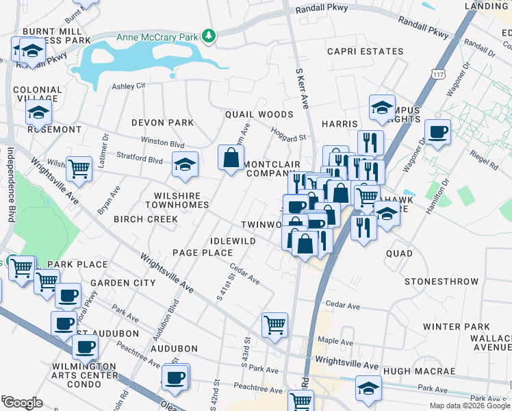 map of restaurants, bars, coffee shops, grocery stores, and more near 4013 Wilshire Boulevard in Wilmington