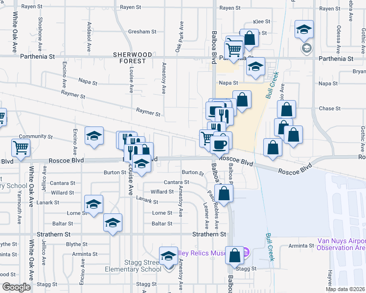 map of restaurants, bars, coffee shops, grocery stores, and more near 17053 West Roscoe Boulevard in Los Angeles