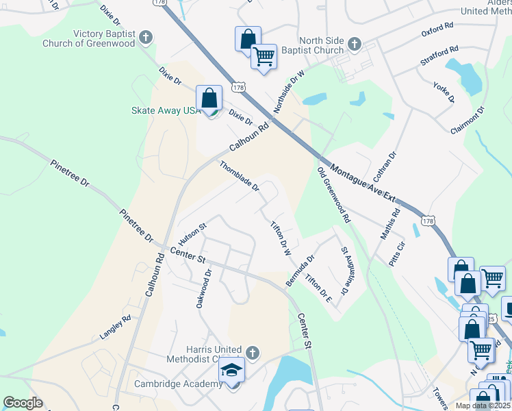 map of restaurants, bars, coffee shops, grocery stores, and more near 103 Thornblade Drive in Greenwood