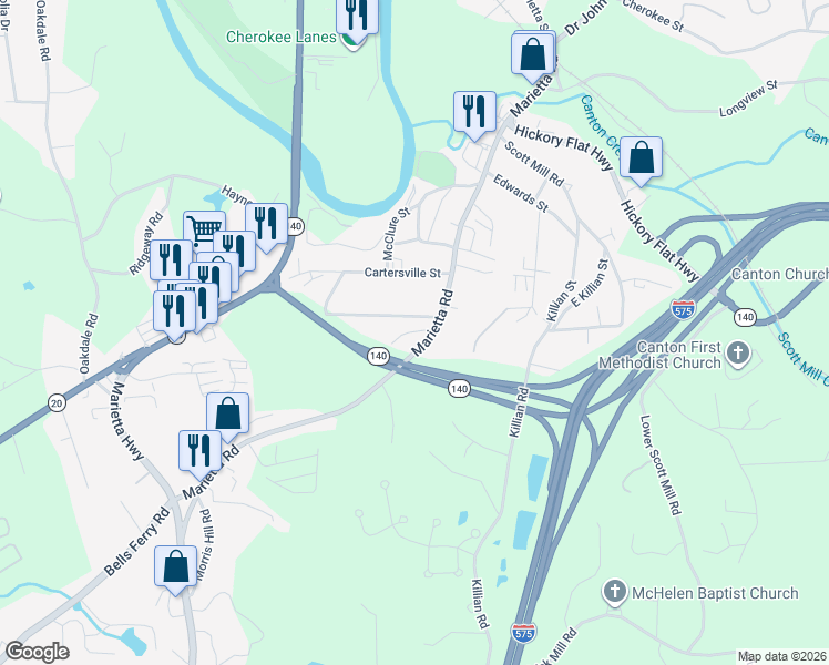 map of restaurants, bars, coffee shops, grocery stores, and more near 150 Old Marietta Road in Canton