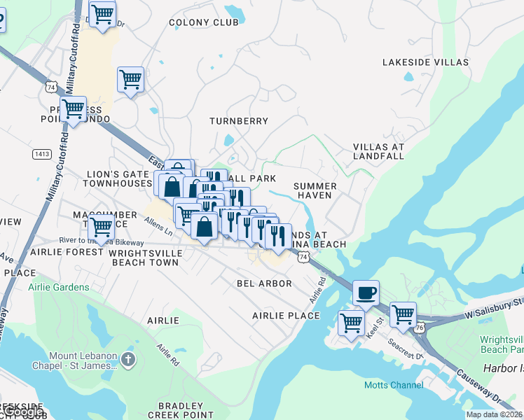 map of restaurants, bars, coffee shops, grocery stores, and more near 2001 Eastwood Road in Wilmington