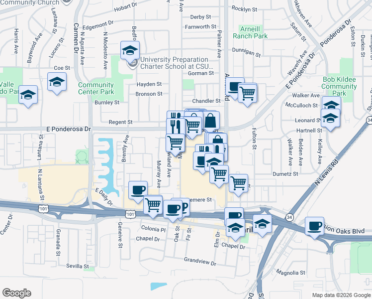 map of restaurants, bars, coffee shops, grocery stores, and more near 601 Mobil Avenue in Camarillo