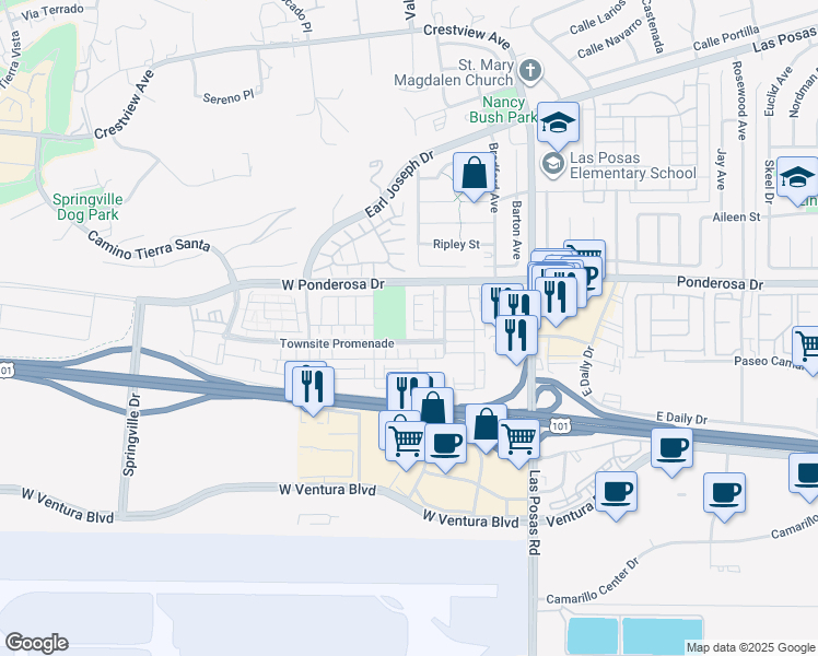 map of restaurants, bars, coffee shops, grocery stores, and more near 559 Mustang Street in Camarillo