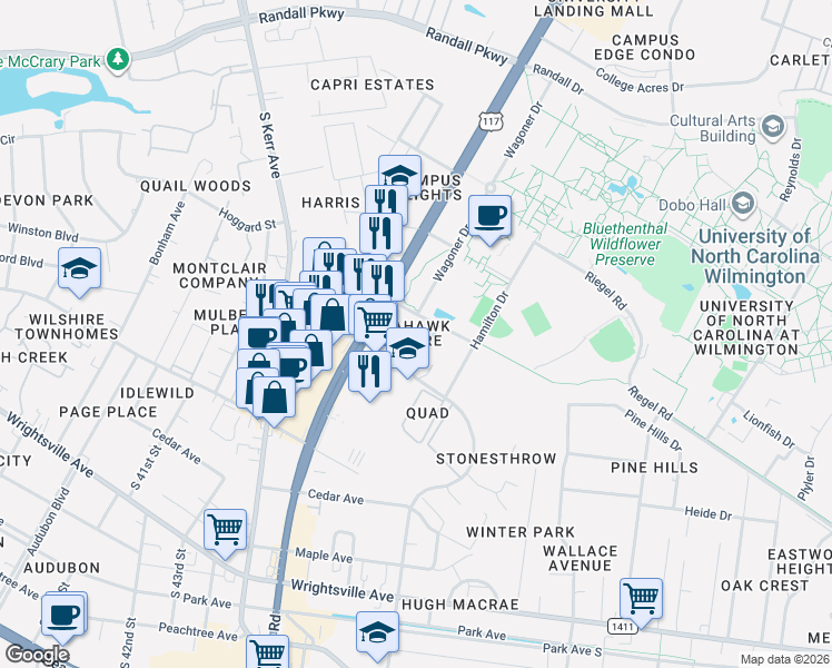 map of restaurants, bars, coffee shops, grocery stores, and more near in Wilmington
