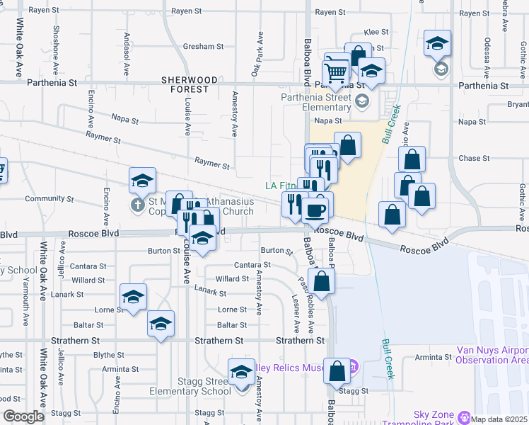 map of restaurants, bars, coffee shops, grocery stores, and more near 17111 Roscoe Boulevard in Los Angeles