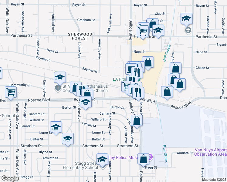 map of restaurants, bars, coffee shops, grocery stores, and more near 17053 Roscoe Boulevard in Los Angeles