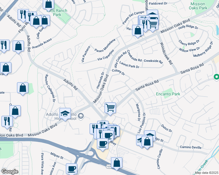 map of restaurants, bars, coffee shops, grocery stores, and more near 658 Buenos Tiempos Drive in Camarillo