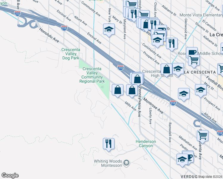 map of restaurants, bars, coffee shops, grocery stores, and more near 3340 Honolulu Avenue in Glendale
