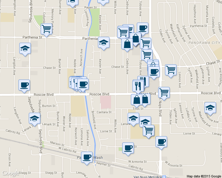 map of restaurants, bars, coffee shops, grocery stores, and more near 14845 West Thai Court in Los Angeles