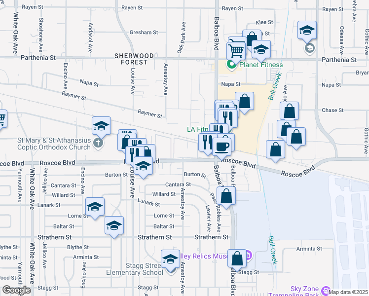map of restaurants, bars, coffee shops, grocery stores, and more near 17053 Roscoe Boulevard in Los Angeles