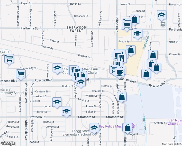 map of restaurants, bars, coffee shops, grocery stores, and more near 1717 Roscoe Boulevard in Los Angeles
